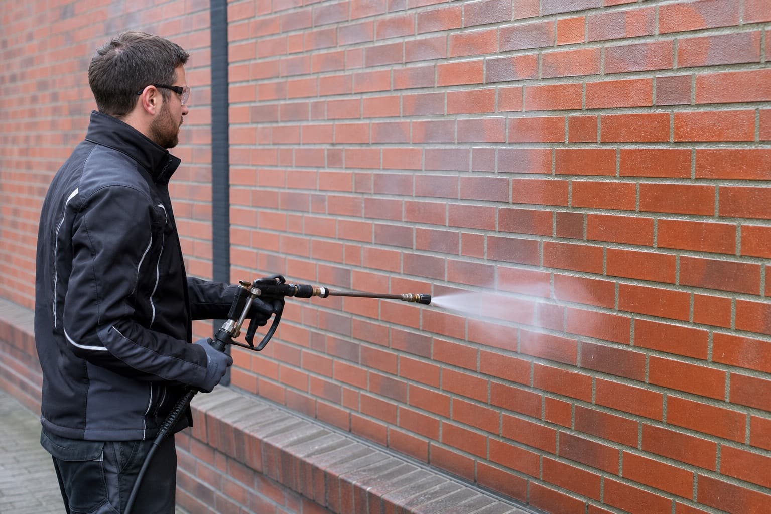 Mitarbeiter trägt eine transparente Anti-Graffiti-Schutzschicht auf eine Wand auf