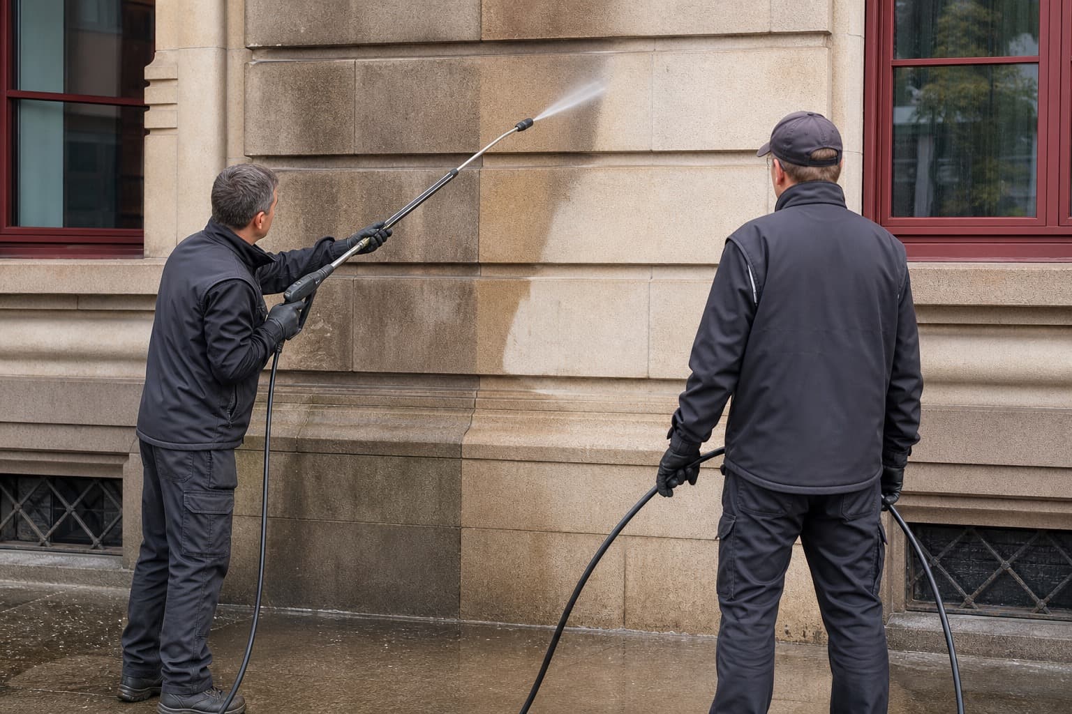 Reinigungsteam entfernt Graffiti schonend von einer Fassade